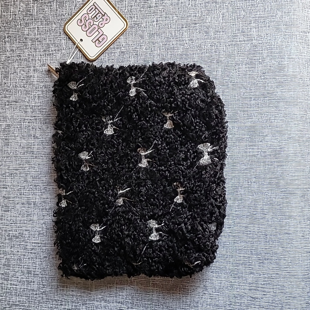 Gloss & Glo Makeup Bag Black Furry Silver Embroidered Bows New
